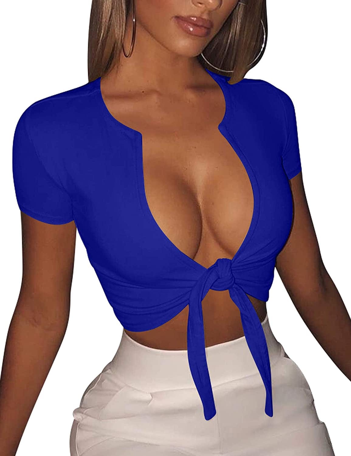 Women'S Sexy Tie up Crop Top Short Sleeve Deep V Neck Casual Basic T Shirt Royal Blue / Large