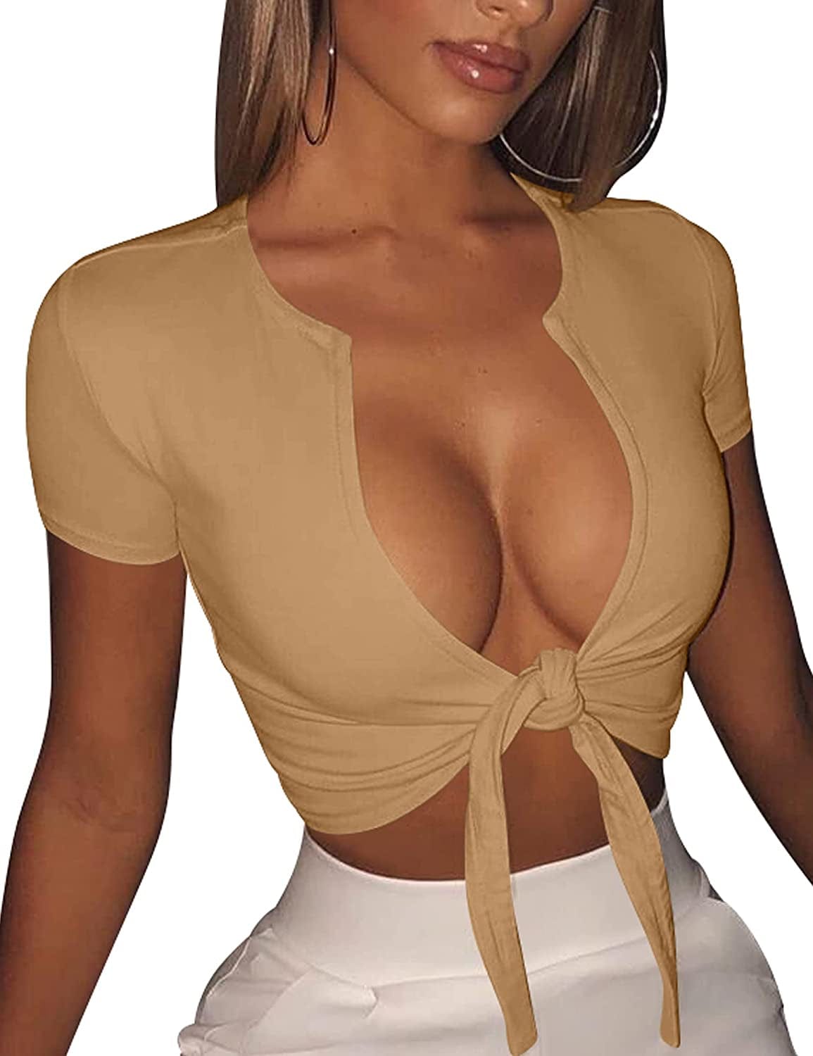 Women'S Sexy Tie up Crop Top Short Sleeve Deep V Neck Casual Basic T Shirt Khaki / Large