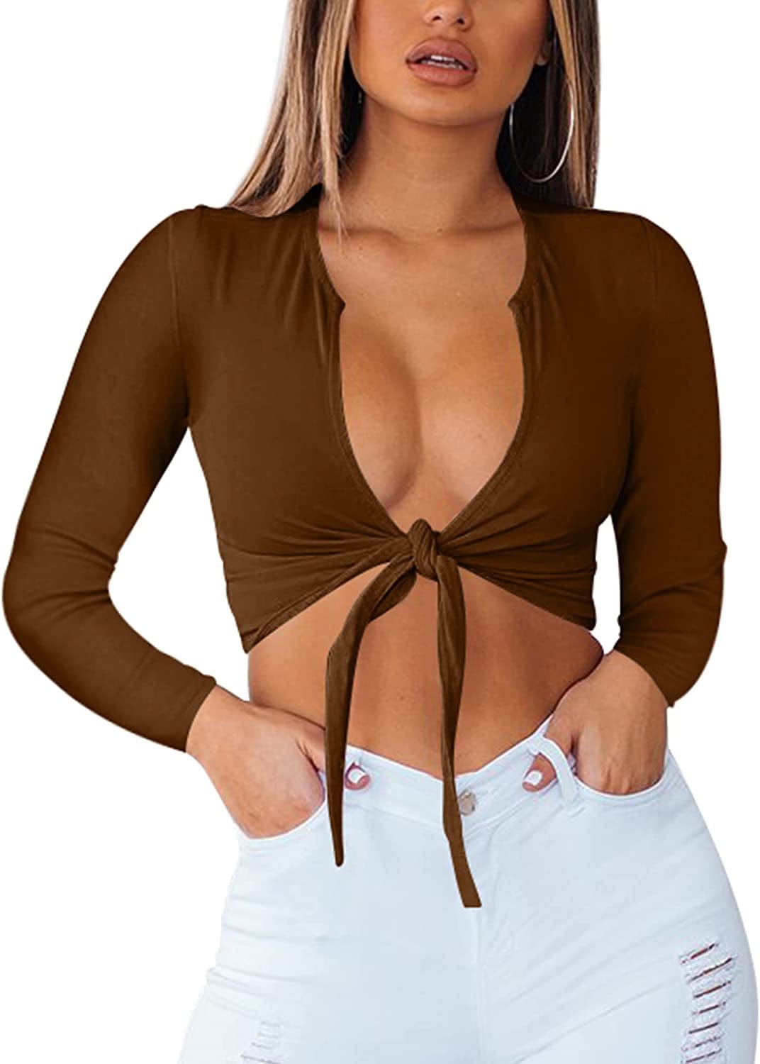 Women'S Sexy Tie up Crop Top Short Sleeve Deep V Neck Casual Basic T Shirt Z-coffee / Large