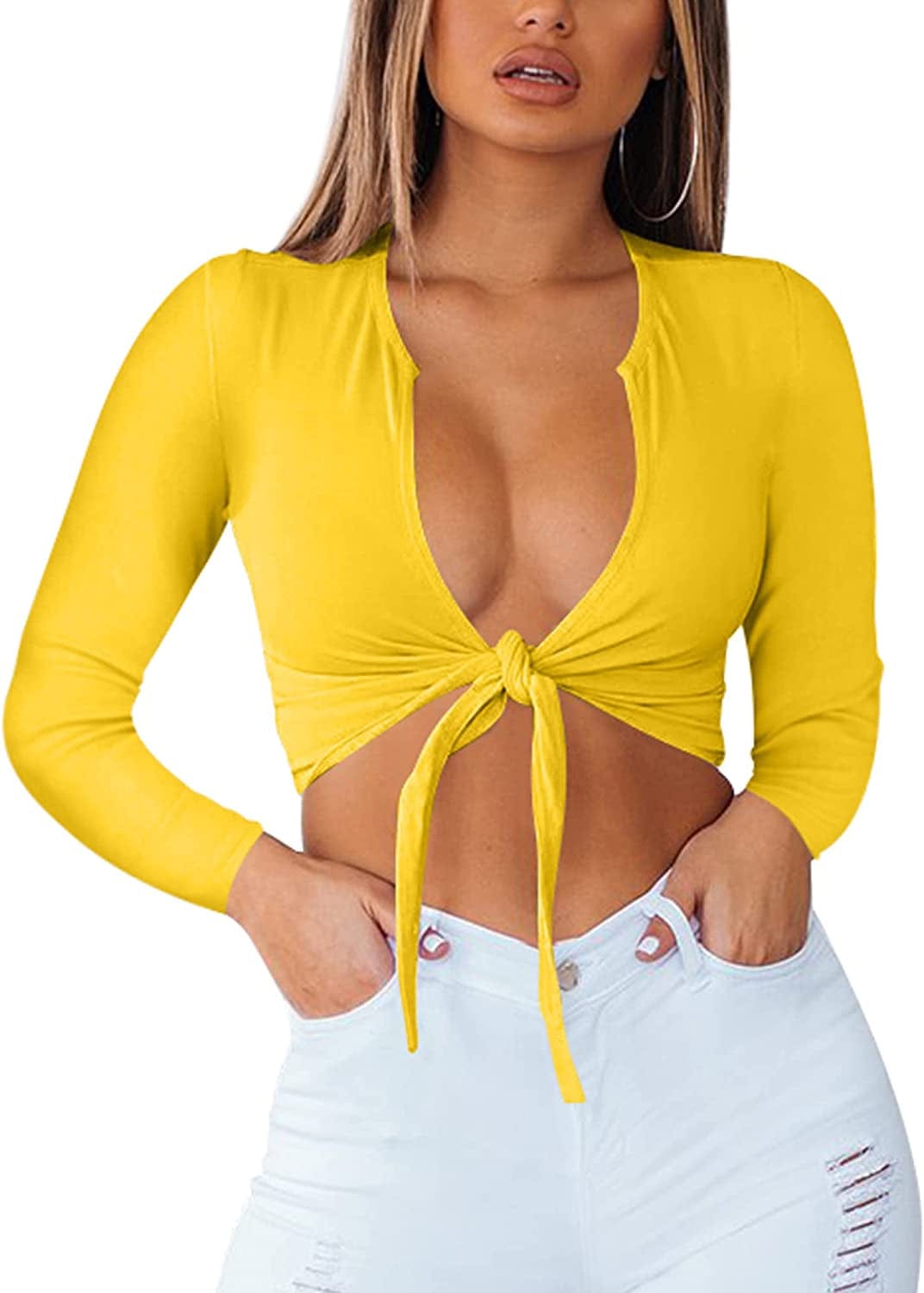 Women'S Sexy Tie up Crop Top Short Sleeve Deep V Neck Casual Basic T Shirt Z-yellow / Medium