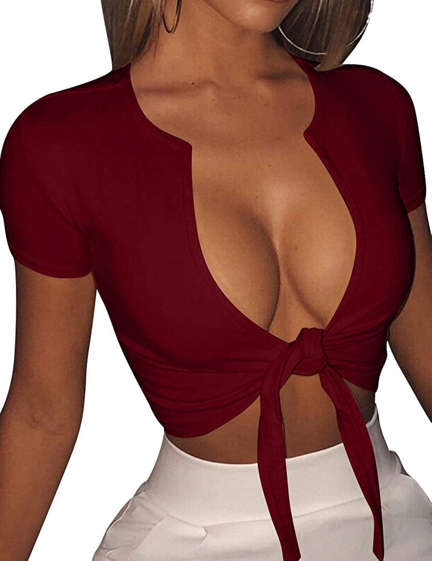Women'S Sexy Tie up Crop Top Short Sleeve Deep V Neck Casual Basic T Shirt Wine Red / Large