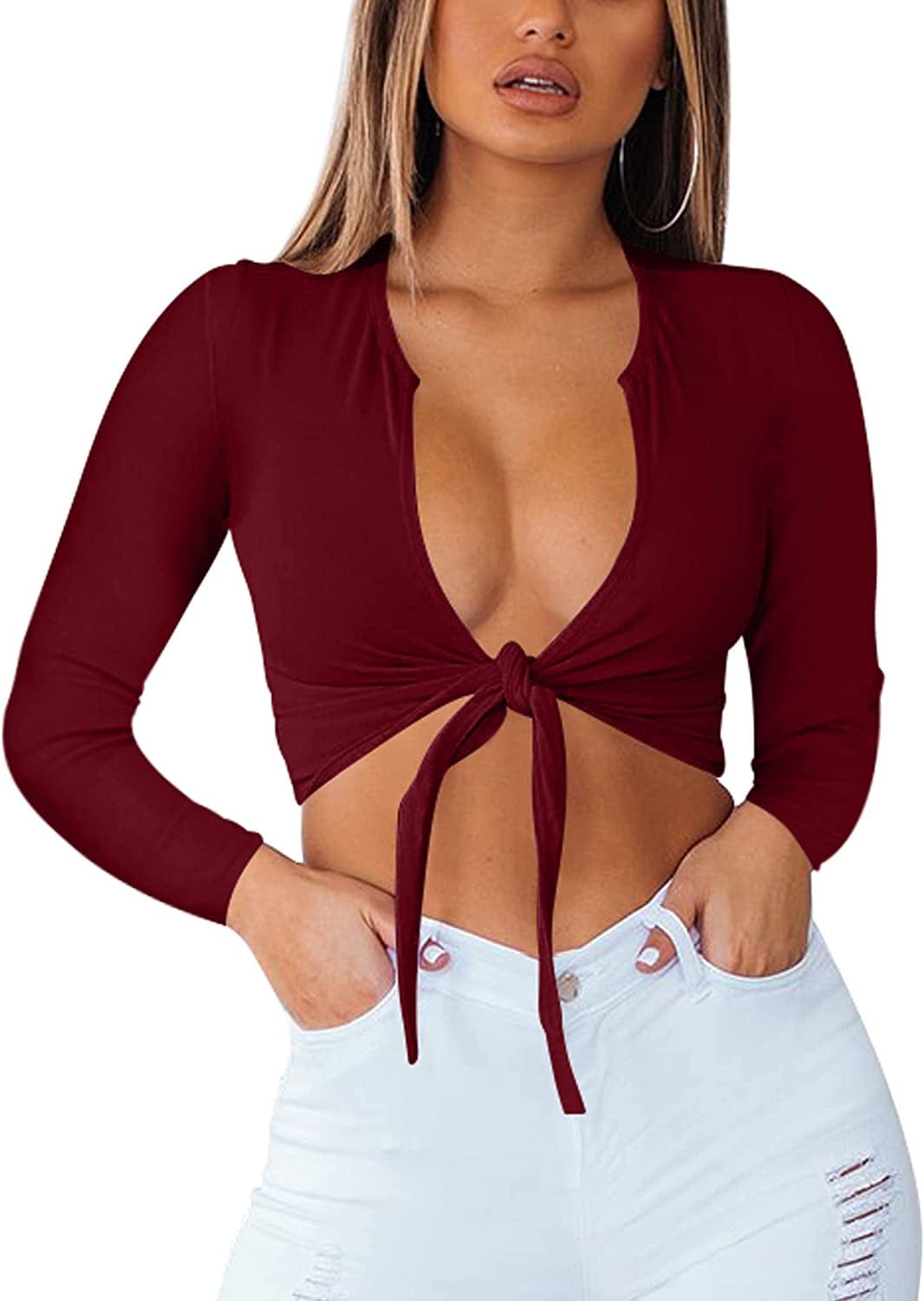 Women'S Sexy Tie up Crop Top Short Sleeve Deep V Neck Casual Basic T Shirt Z-wine Red / Medium
