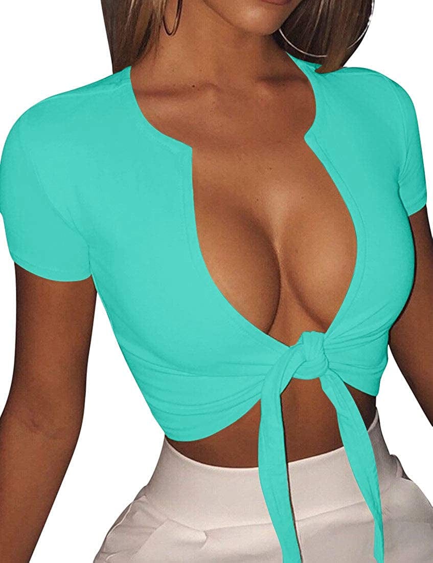 Women'S Sexy Tie up Crop Top Short Sleeve Deep V Neck Casual Basic T Shirt Light Blue / Large
