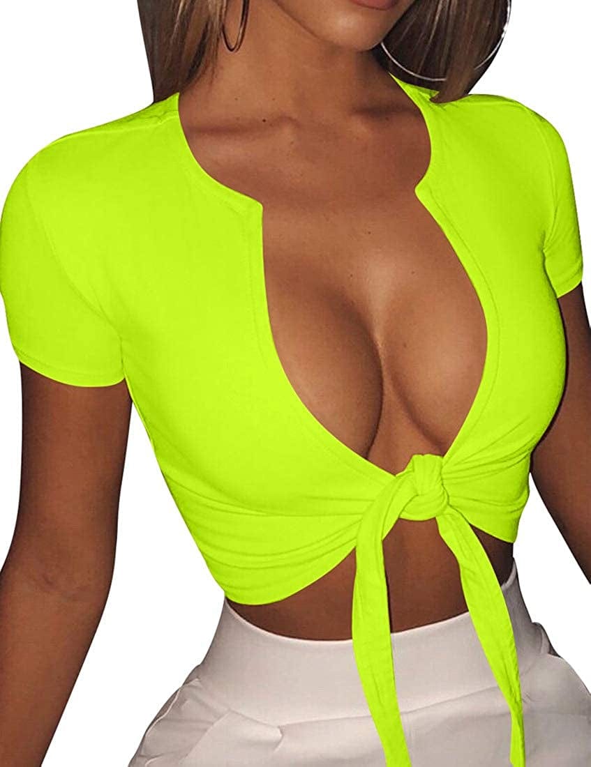 Women'S Sexy Tie up Crop Top Short Sleeve Deep V Neck Casual Basic T Shirt Fluo Green / Large
