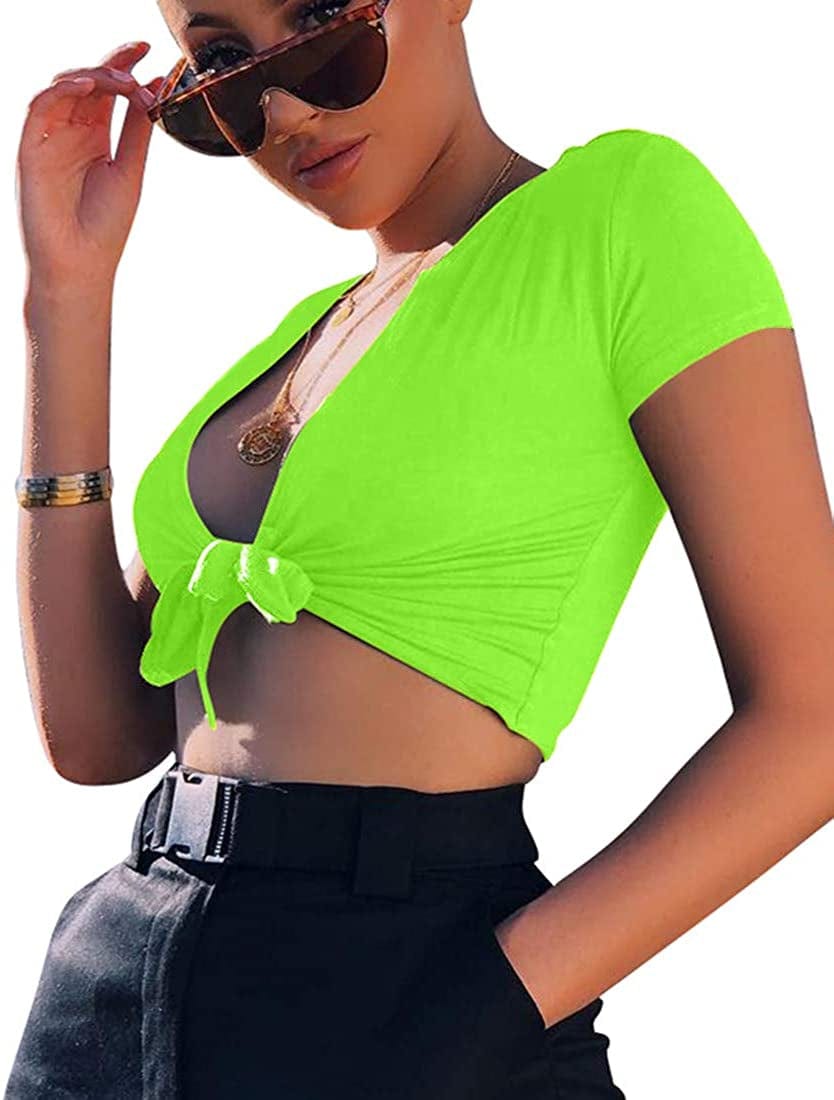 Women'S Sexy Tie up Crop Top Short Sleeve Deep V Neck Casual Basic T Shirt