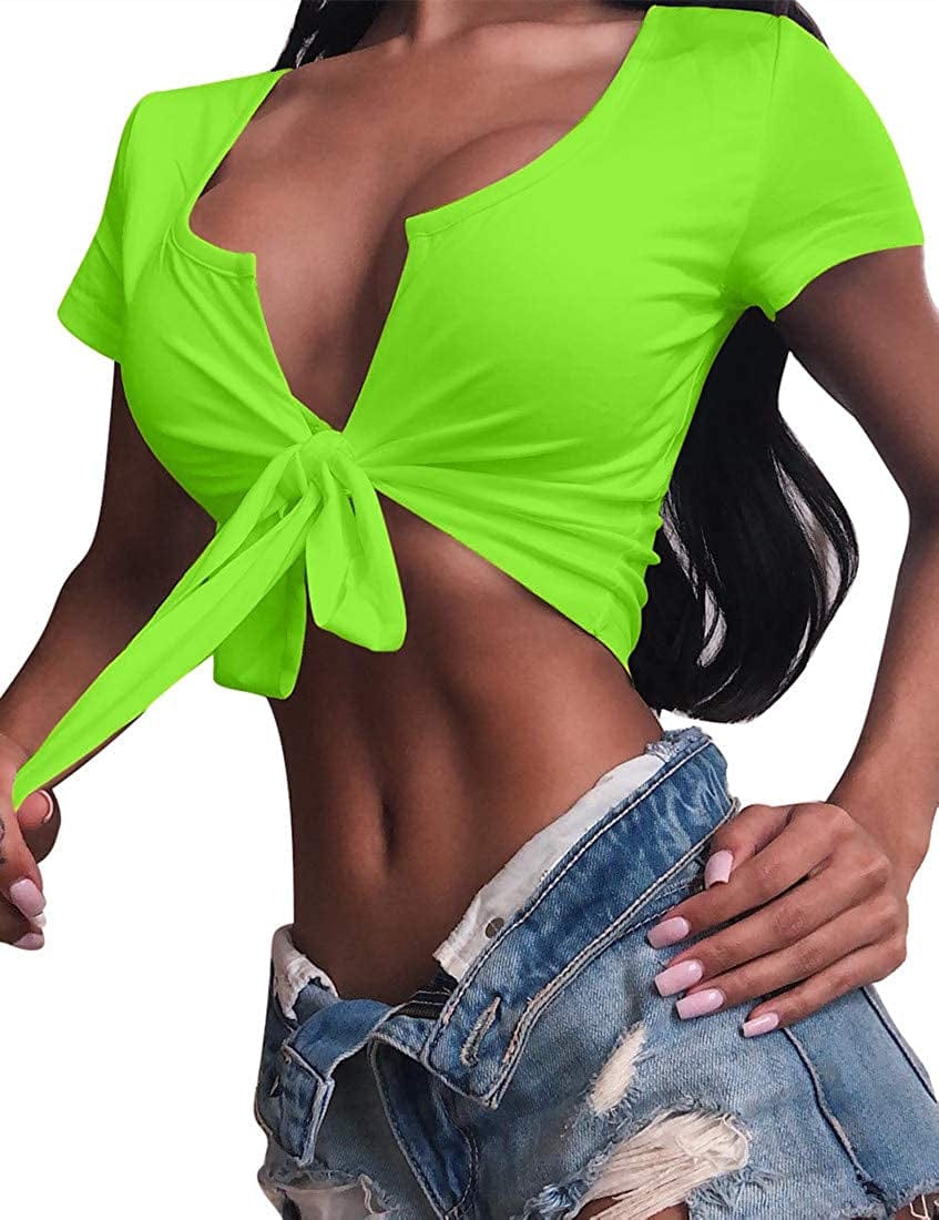 Women'S Sexy Tie up Crop Top Short Sleeve Deep V Neck Casual Basic T Shirt