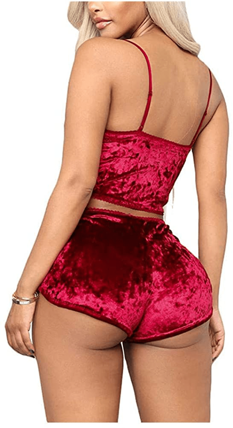 Women'S Sexy Velvet Strappy Camisole Cami Crop Top High Waist Shorts Two Piece Pajama Sleepwear Outfit Nightwear Set Apparel & Accessories > Clothing > Sleepwear & Loungewear Kylie Max