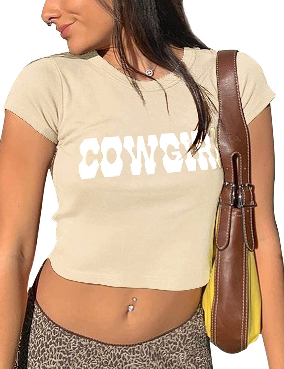 Women’S Sexy Vintage Graphic and Letter Print Crop Top Casual Summer Slim Short Sleeve Crop T-Shirt Cowgirl-apricot / Large