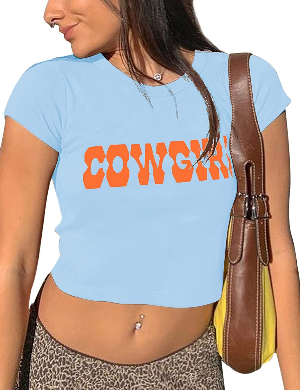 Women’S Sexy Vintage Graphic and Letter Print Crop Top Casual Summer Slim Short Sleeve Crop T-Shirt Blue & Orange / Large