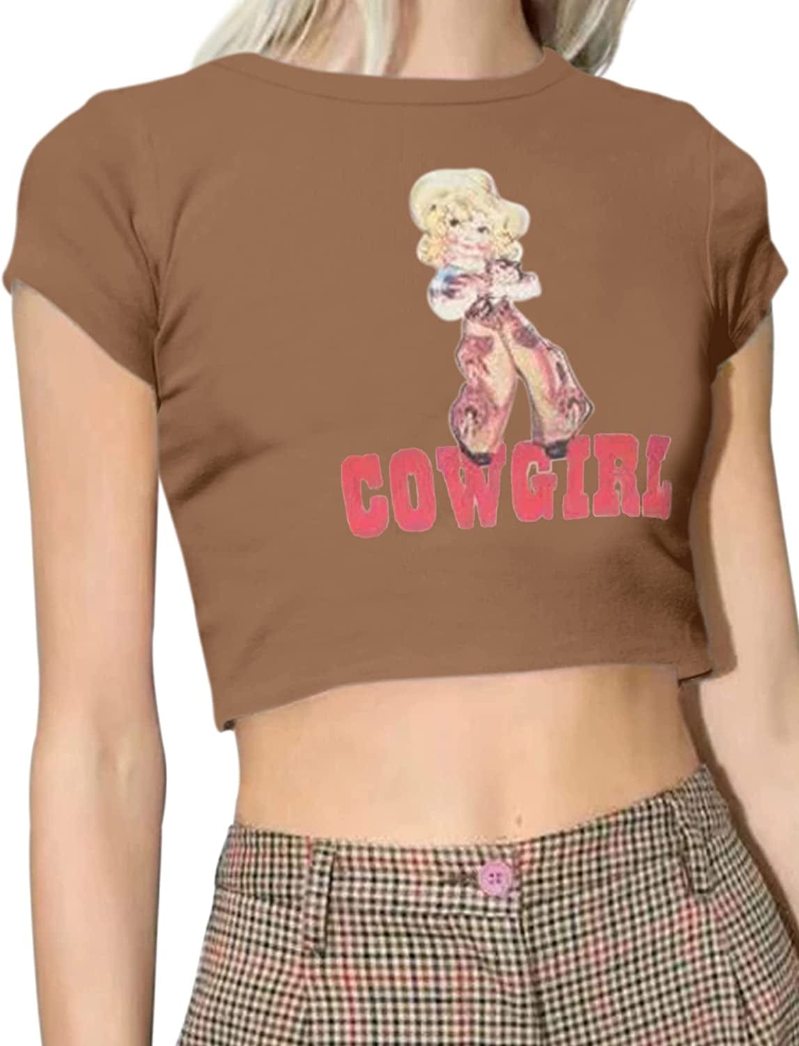 Women’S Sexy Vintage Graphic and Letter Print Crop Top Casual Summer Slim Short Sleeve Crop T-Shirt Brown #2 / Large