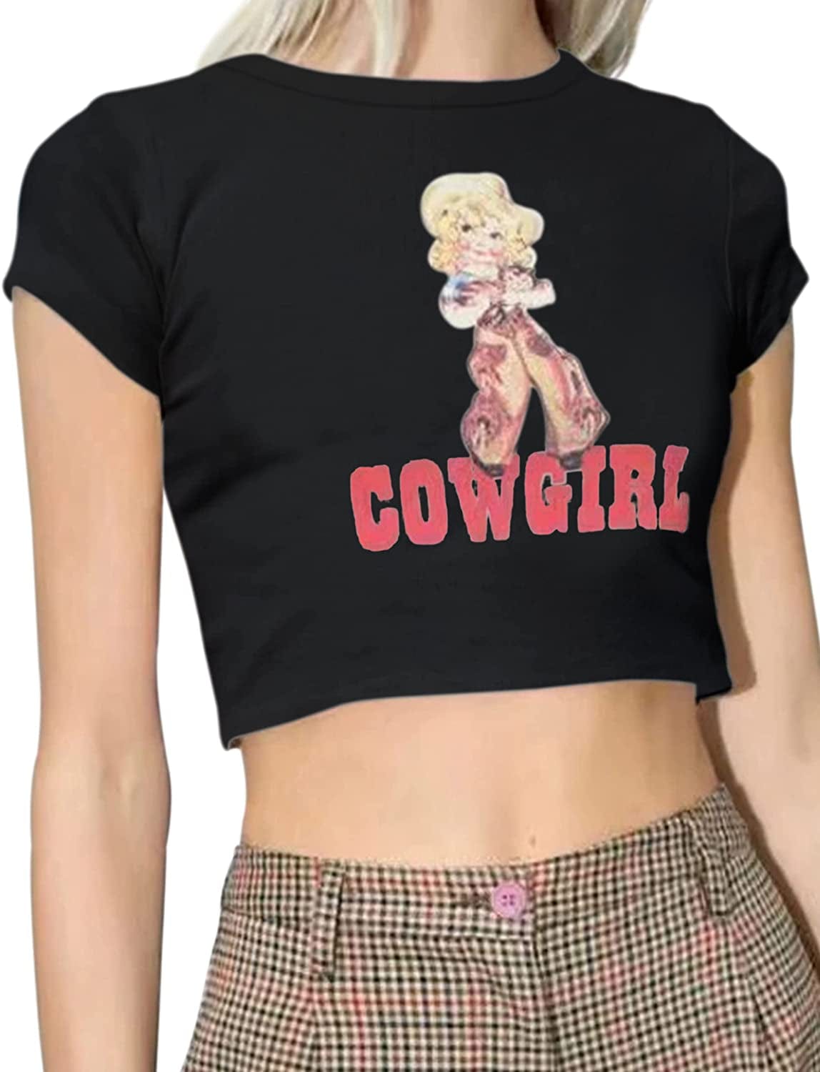 Women’S Sexy Vintage Graphic and Letter Print Crop Top Casual Summer Slim Short Sleeve Crop T-Shirt Black-2 / Large