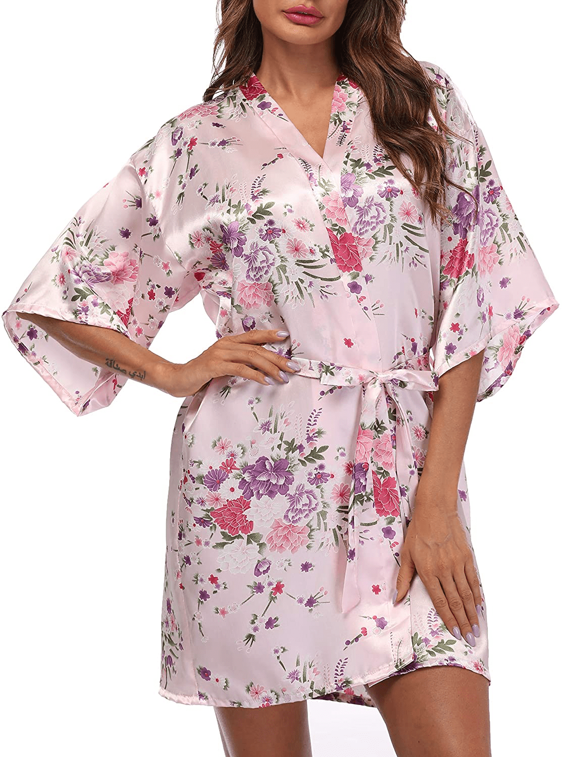 Women'S Short Floral Satin Kimono Robe Blossom Bathrobe for Wedding Party Bridal Dressing Gown Sleepwear Apparel & Accessories > Clothing > Sleepwear & Loungewear > Robes GoodmanShop