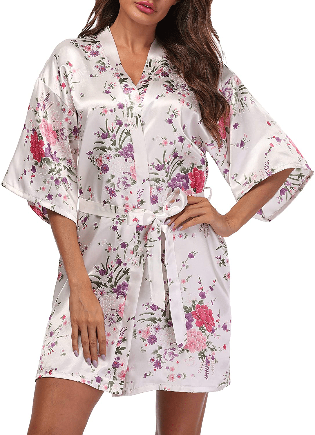 Women'S Short Floral Satin Kimono Robe Blossom Bathrobe for Wedding Party Bridal Dressing Gown Sleepwear Apparel & Accessories > Clothing > Sleepwear & Loungewear > Robes GoodmanShop White Medium