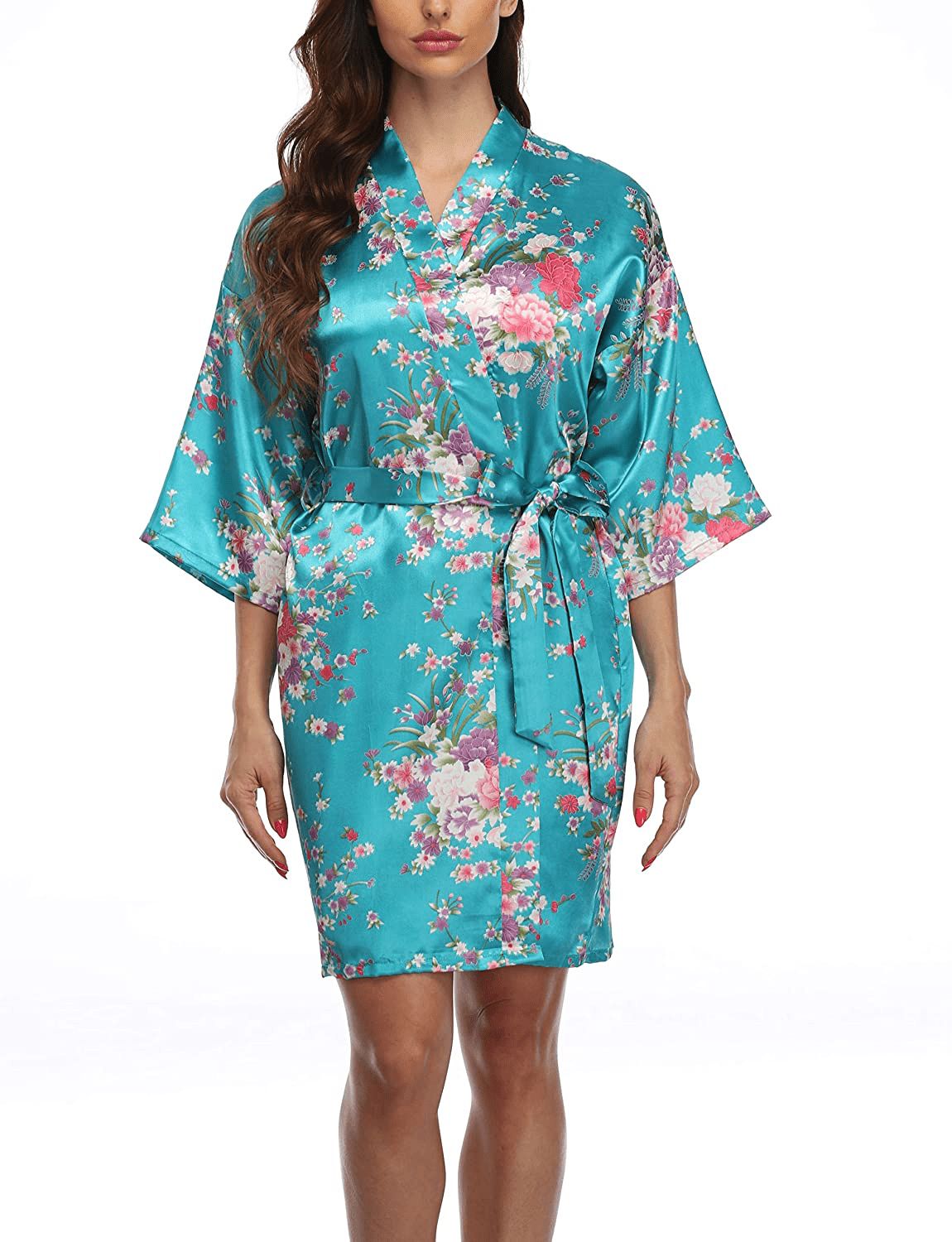 Women'S Short Floral Satin Kimono Robe Blossom Bathrobe for Wedding Party Bridal Dressing Gown Sleepwear Apparel & Accessories > Clothing > Sleepwear & Loungewear > Robes GoodmanShop Blue Large