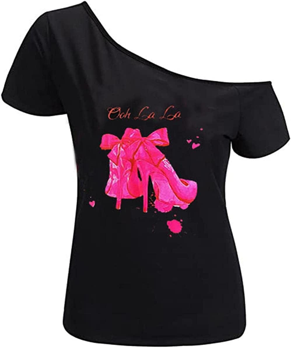 Women’S Short Lips Print Causal off the Shoulder plus Size T-Shirt Tops Black+butfly / 3X-Large