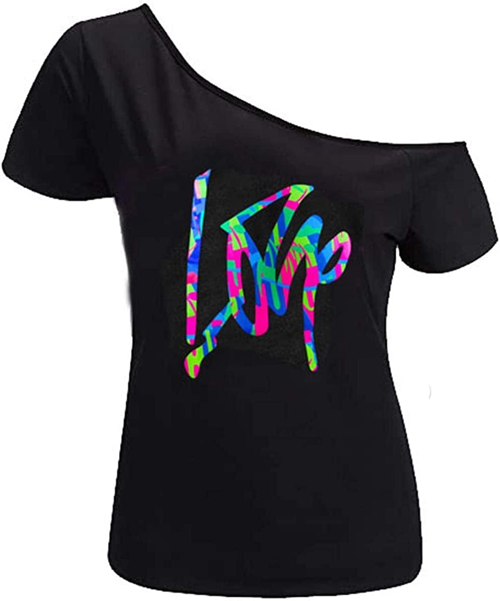 Women’S Short Lips Print Causal off the Shoulder plus Size T-Shirt Tops Black+mlove / XX-Large