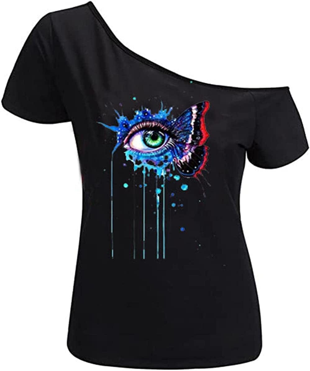 Women’S Short Lips Print Causal off the Shoulder plus Size T-Shirt Tops Black+butfly1 / XX-Large