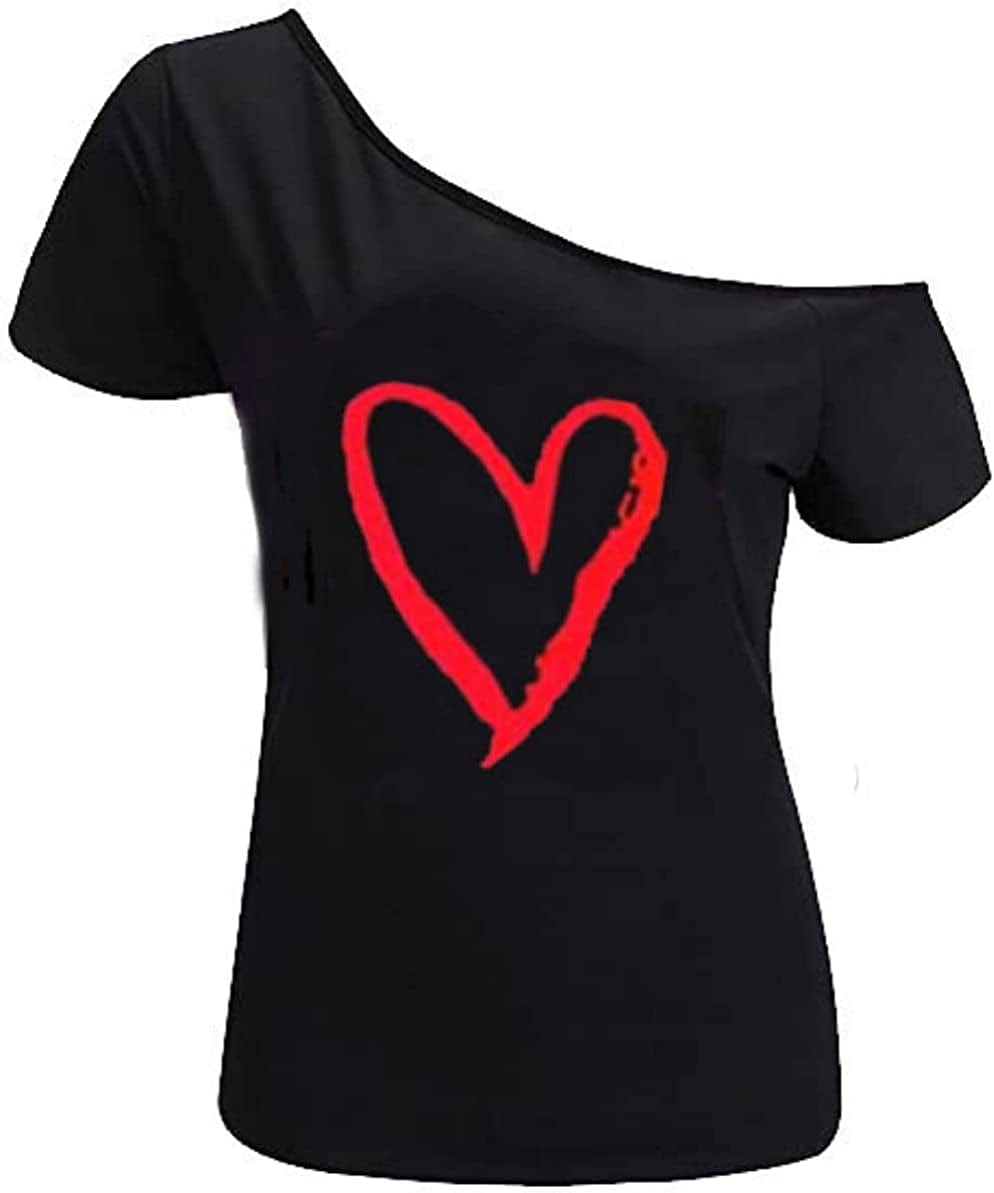 Women’S Short Lips Print Causal off the Shoulder plus Size T-Shirt Tops Black+redheart / Large