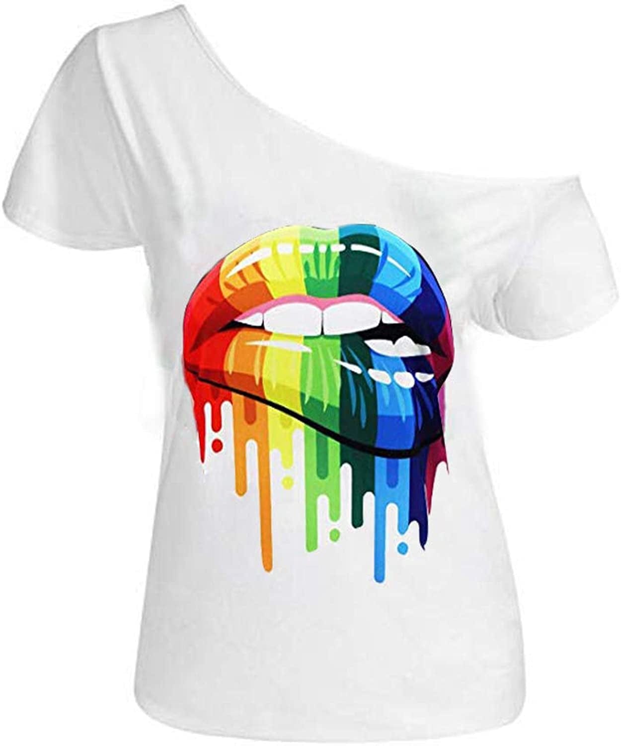 Women’S Short Lips Print Causal off the Shoulder plus Size T-Shirt Tops White+xxmouth / XX-Large