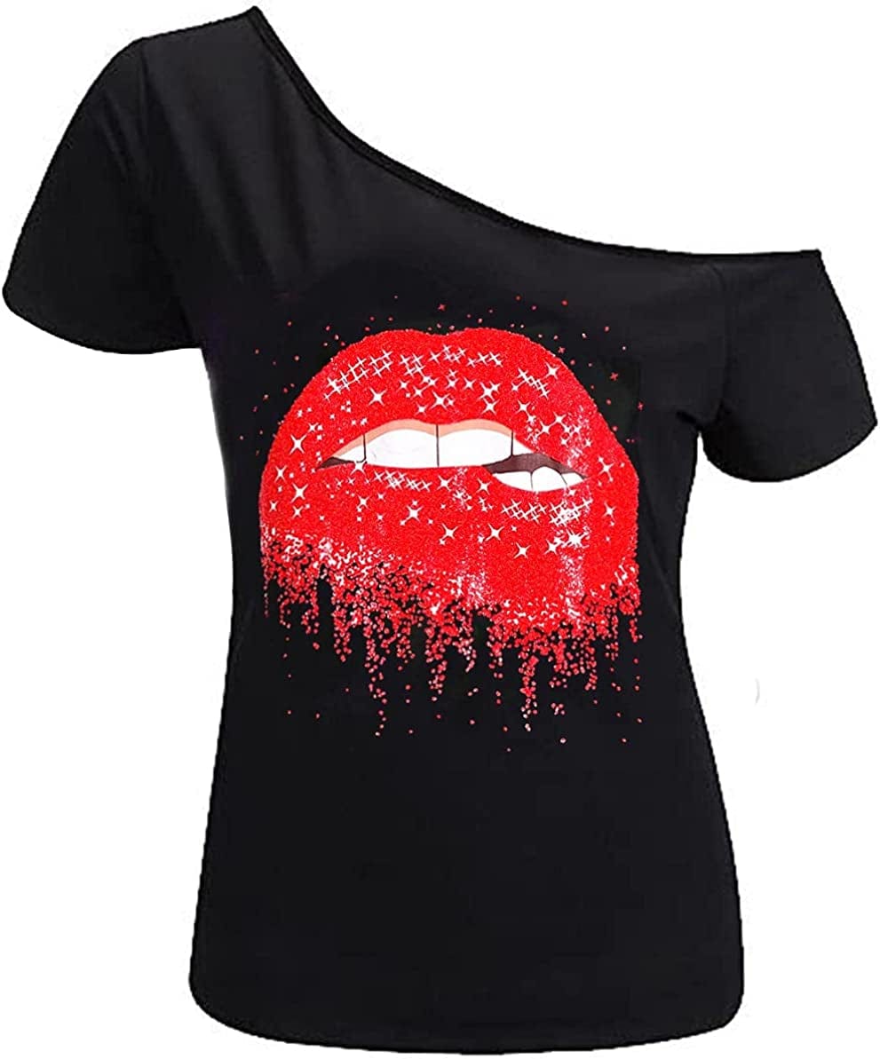 Women’S Short Lips Print Causal off the Shoulder plus Size T-Shirt Tops Black+star / 3X-Large