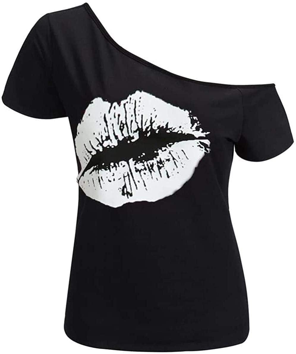 Women’S Short Lips Print Causal off the Shoulder plus Size T-Shirt Tops Black+white1 / Large
