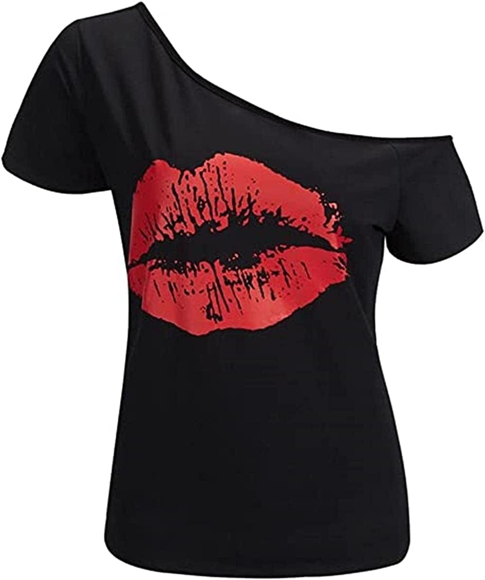 Women’S Short Lips Print Causal off the Shoulder plus Size T-Shirt Tops Black+red1 / Large
