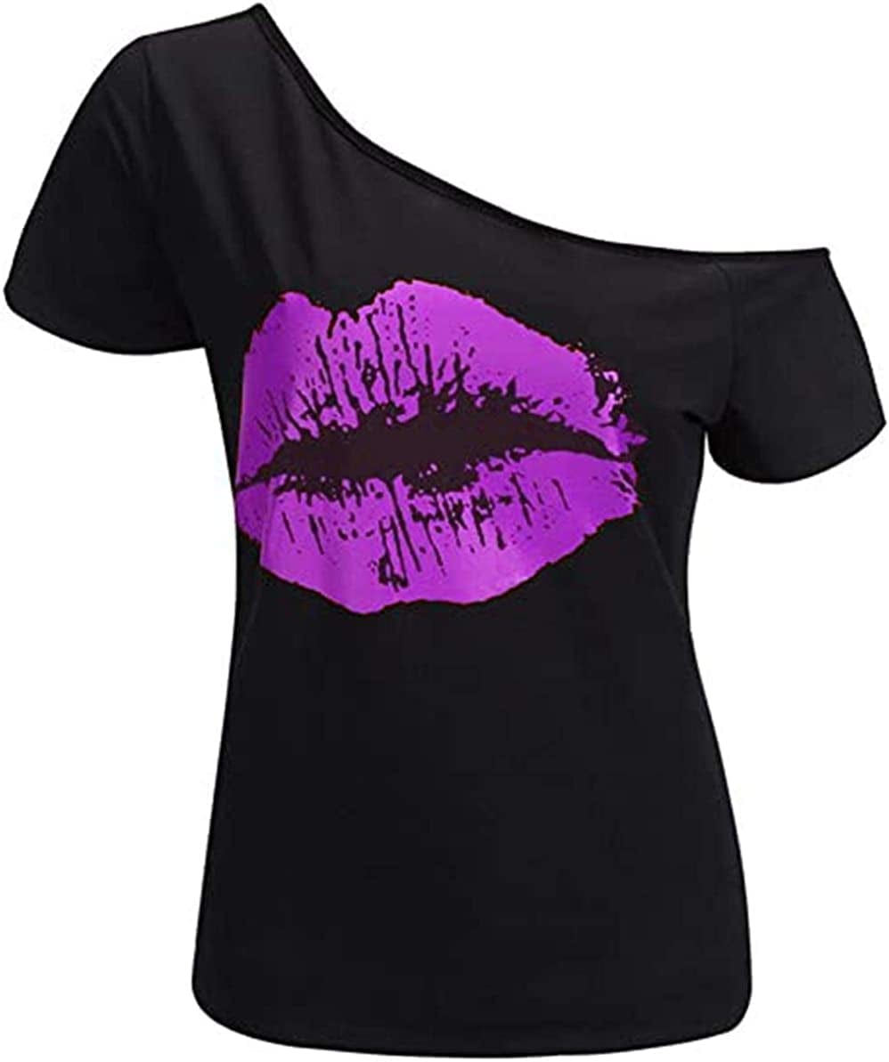 Women’S Short Lips Print Causal off the Shoulder plus Size T-Shirt Tops Black+purple / XX-Large