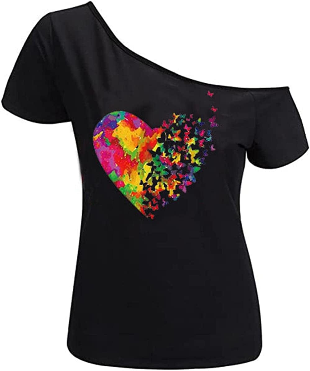 Women’S Short Lips Print Causal off the Shoulder plus Size T-Shirt Tops Black+bfheart / XX-Large