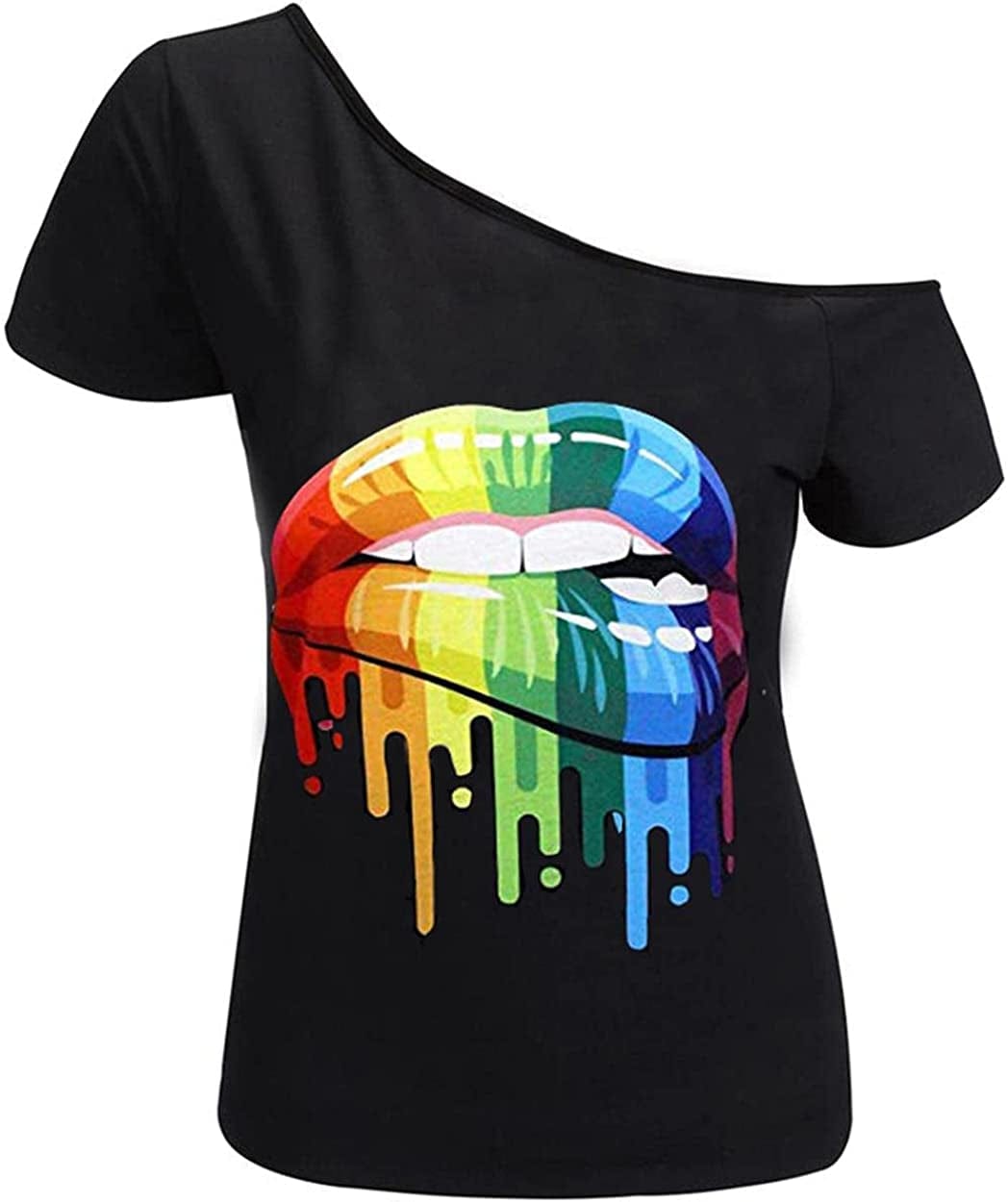Women’S Short Lips Print Causal off the Shoulder plus Size T-Shirt Tops Black+xxmouth / XX-Large