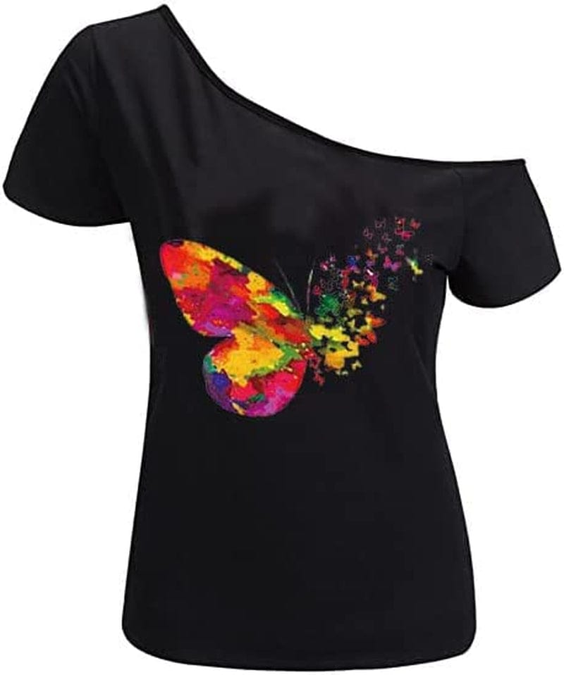 Women’S Short Lips Print Causal off the Shoulder plus Size T-Shirt Tops Black+bfly / XX-Large