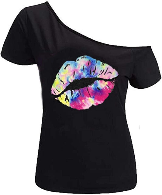Women’S Short Lips Print Causal off the Shoulder plus Size T-Shirt Tops Black+colourful / 3X-Large