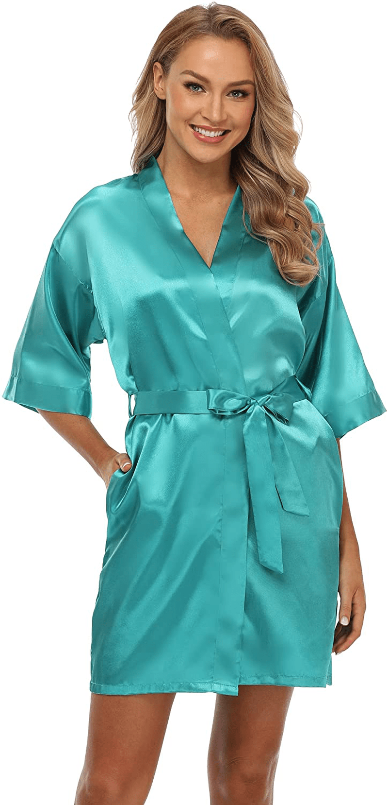Women'S Short Satin Kimono Robe for Bride and Bridesmaids Party Apparel & Accessories > Clothing > Sleepwear & Loungewear > Robes Kimono Art Blackish Green Large