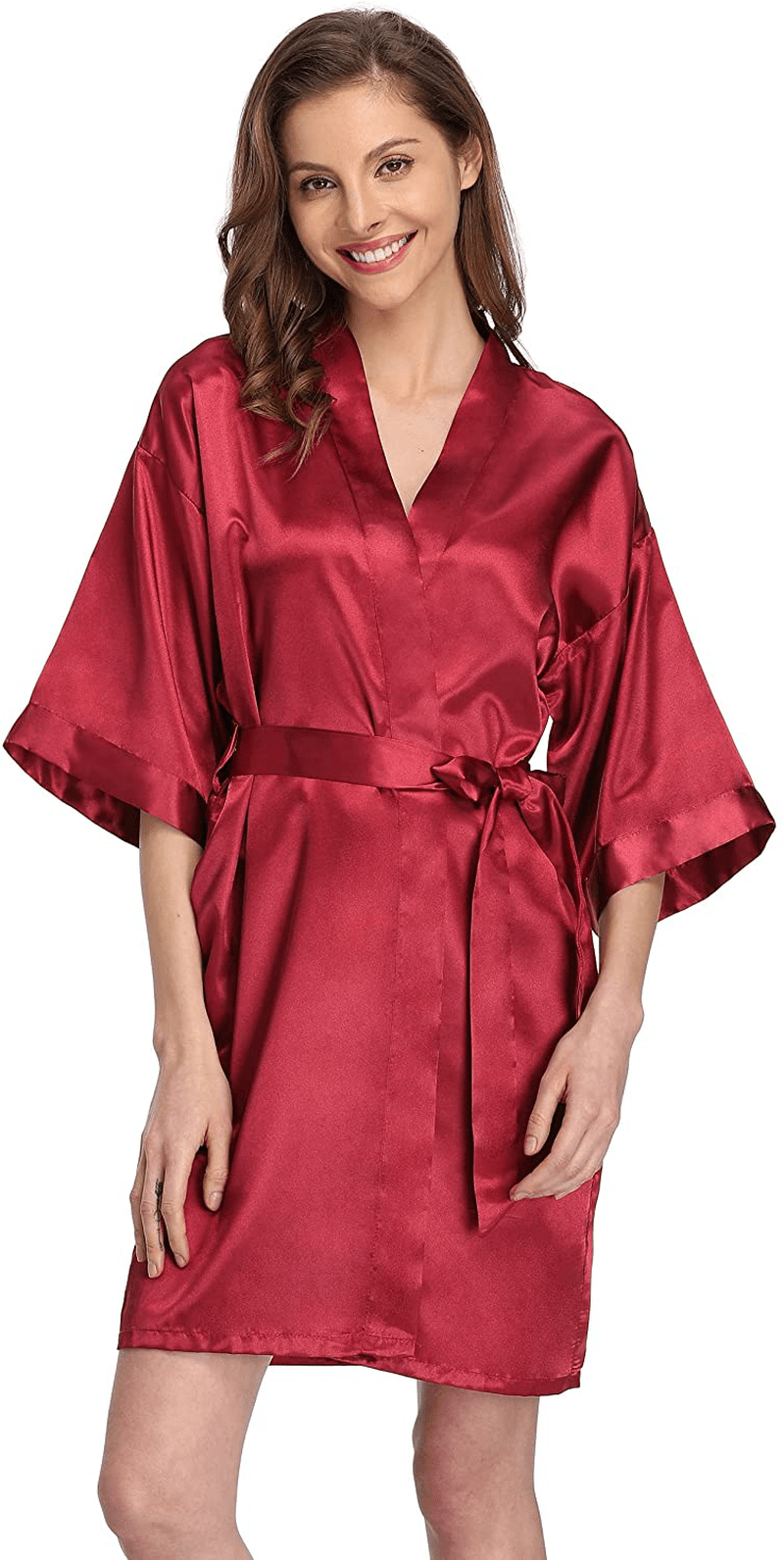 Women'S Short Satin Kimono Robe for Bride and Bridesmaids Party Apparel & Accessories > Clothing > Sleepwear & Loungewear > Robes Kimono Art Burgundy X-Large
