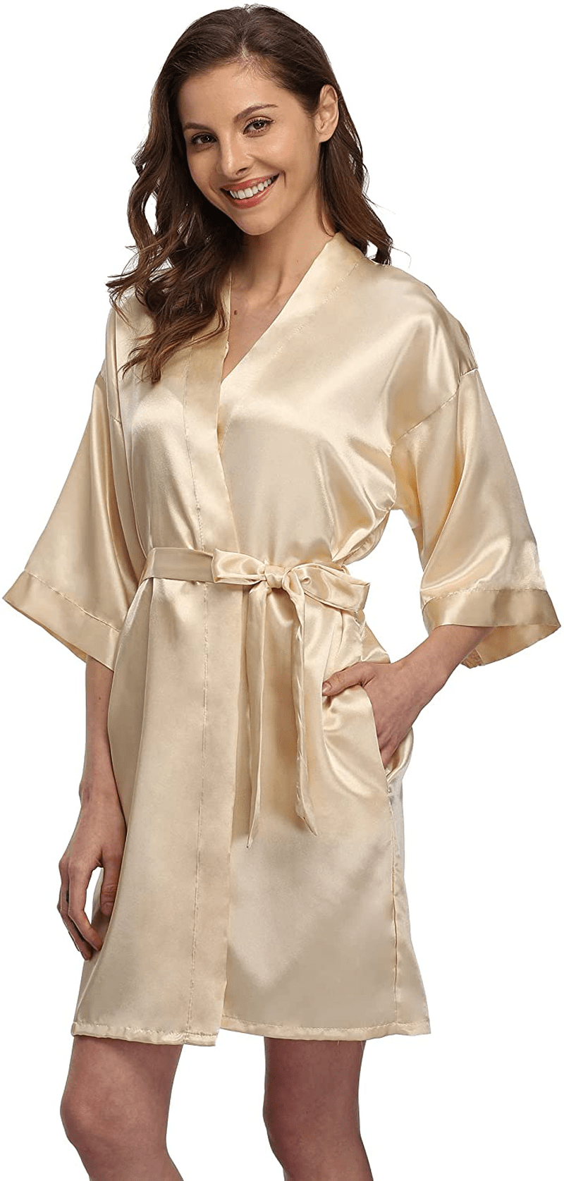 Women'S Short Satin Kimono Robe for Bride and Bridesmaids Party Apparel & Accessories > Clothing > Sleepwear & Loungewear > Robes Kimono Art Apricot Large