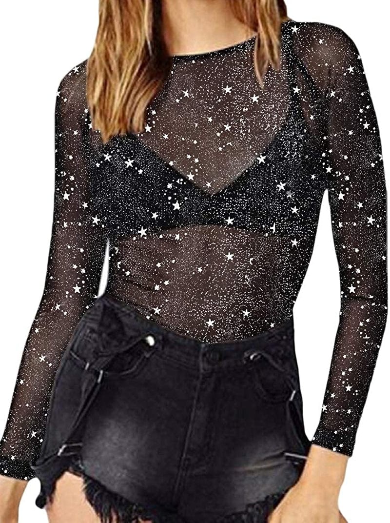 Women'S Short Sleeve Long Sleeve Bodycon Clubwear Sheer Pure Mesh Tops T Shirts 1028s (Silver Glitter) / X-Small