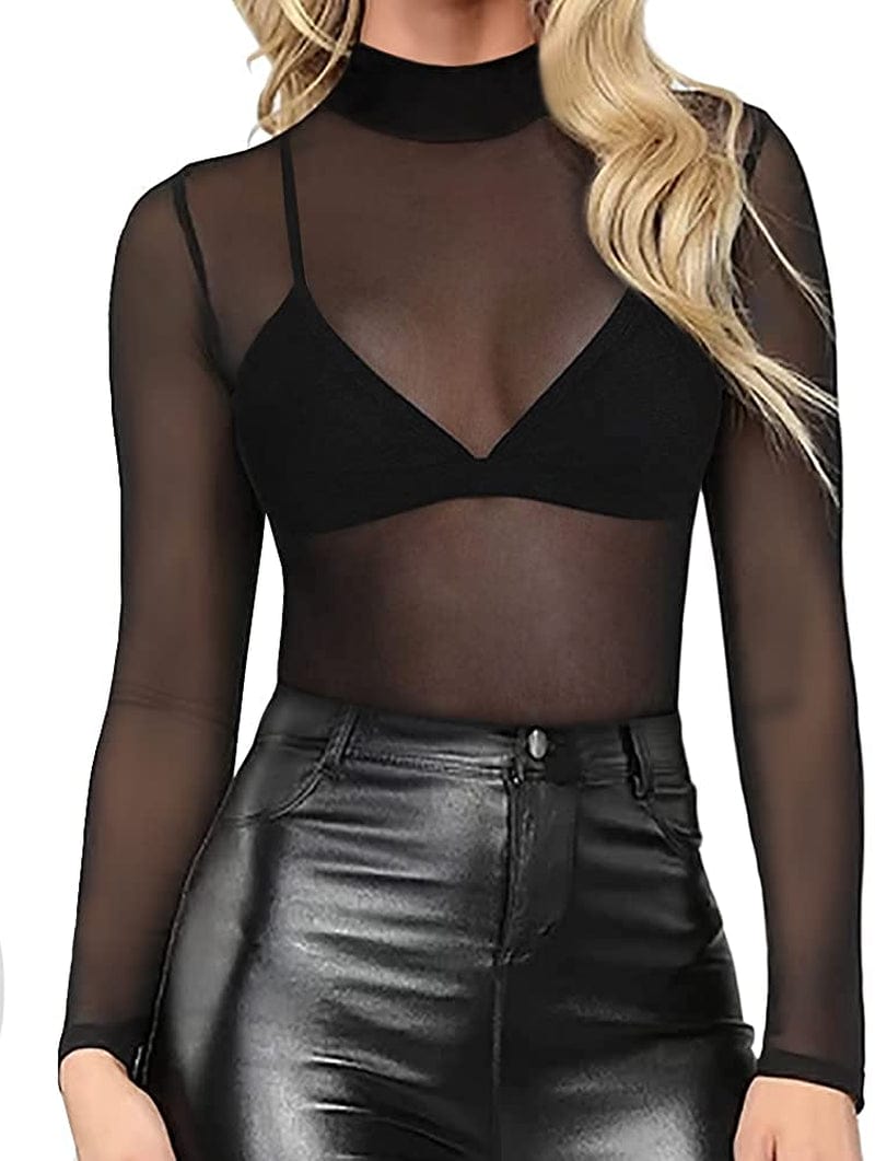 Women'S Short Sleeve Long Sleeve Bodycon Clubwear Sheer Pure Mesh Tops T Shirts 0-1029 (Black) / X-Small
