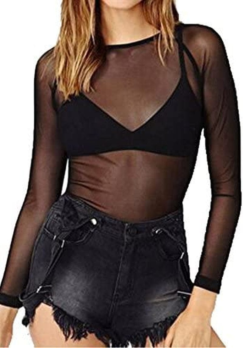 Women'S Short Sleeve Long Sleeve Bodycon Clubwear Sheer Pure Mesh Tops T Shirts 0-1028 (Black) / X-Small
