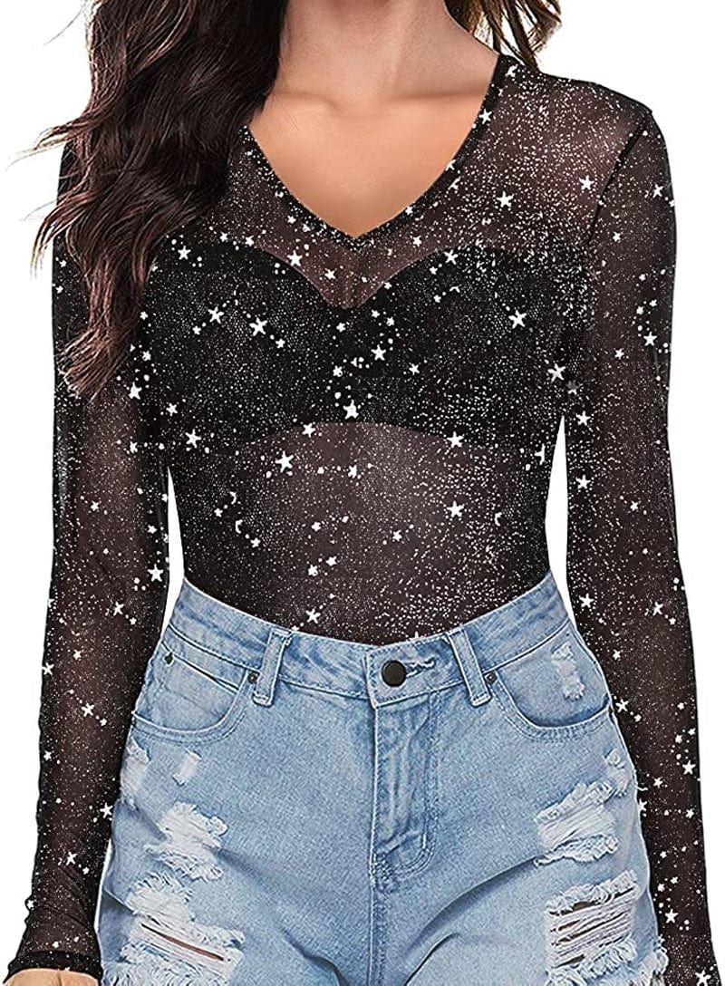 Women'S Short Sleeve Long Sleeve Bodycon Clubwear Sheer Pure Mesh Tops T Shirts 1065s (Silver Glitter) / X-Small