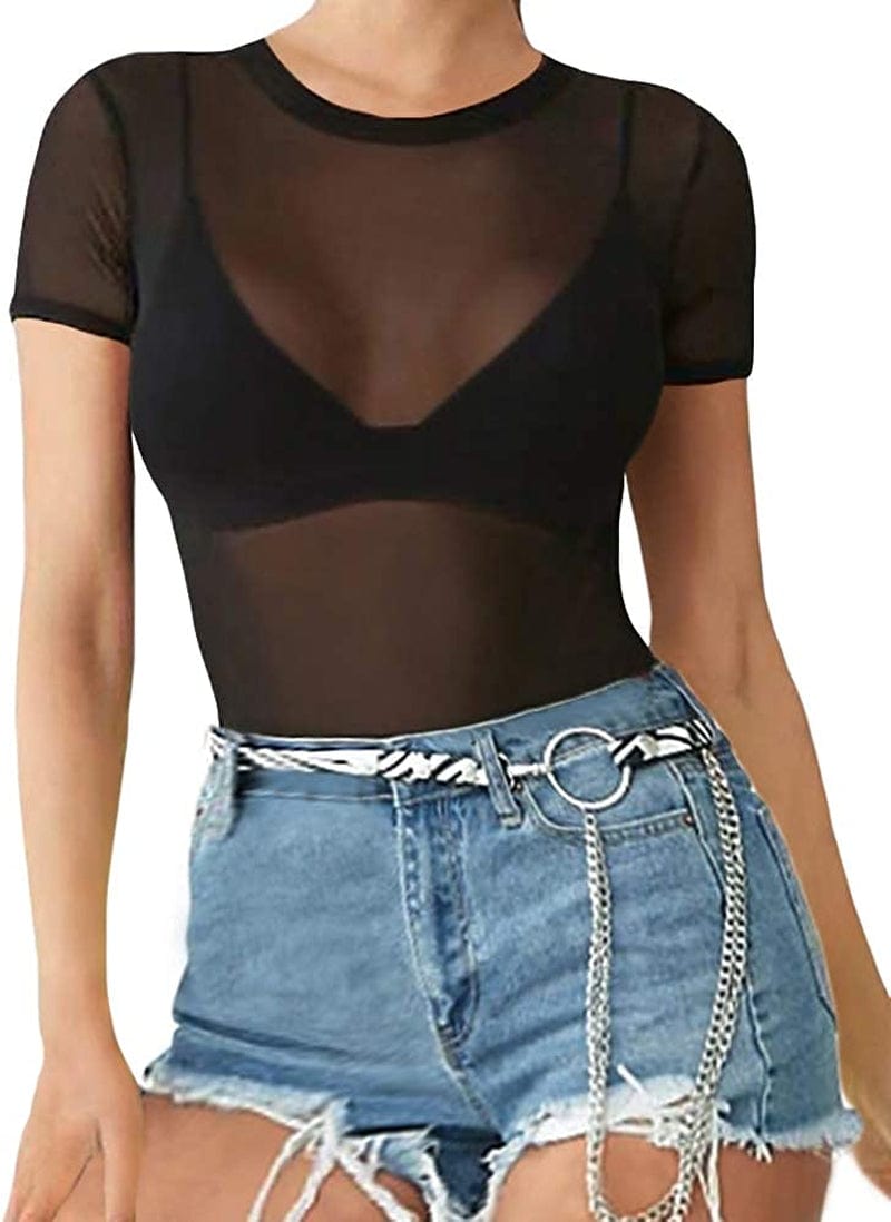 Women'S Short Sleeve Long Sleeve Bodycon Clubwear Sheer Pure Mesh Tops T Shirts 1031 (Black) / X-Small