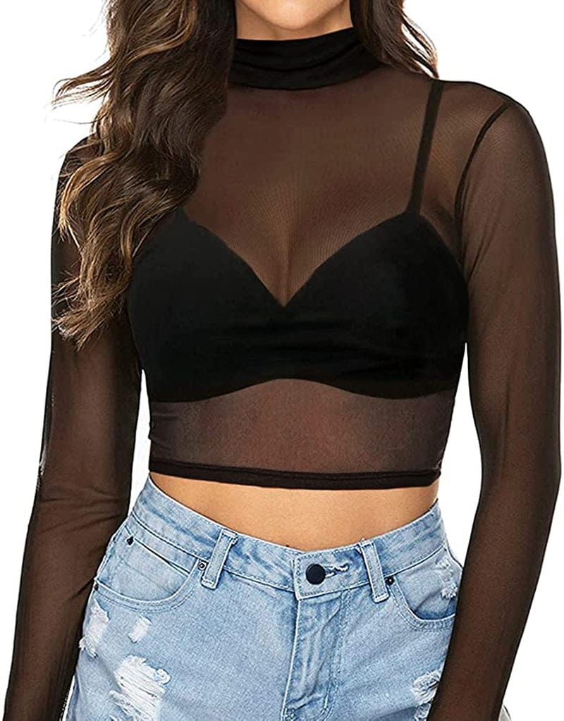 Women'S Short Sleeve Long Sleeve Sheer Mesh Crop Tops Tee Shirt Blouse 0-1058 (Black) / Large