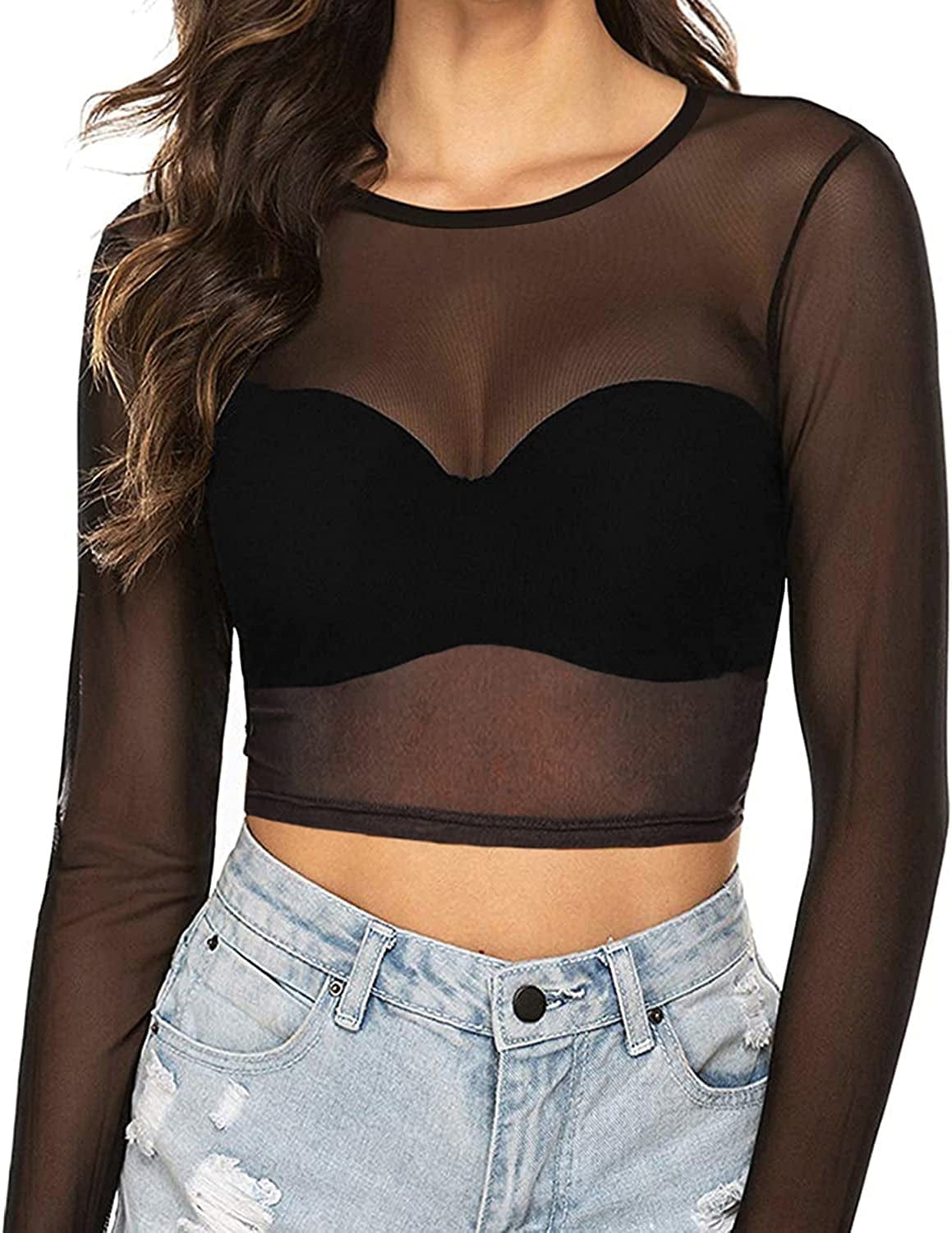 Women'S Short Sleeve Long Sleeve Sheer Mesh Crop Tops Tee Shirt Blouse 0-1059 (Black) / Large