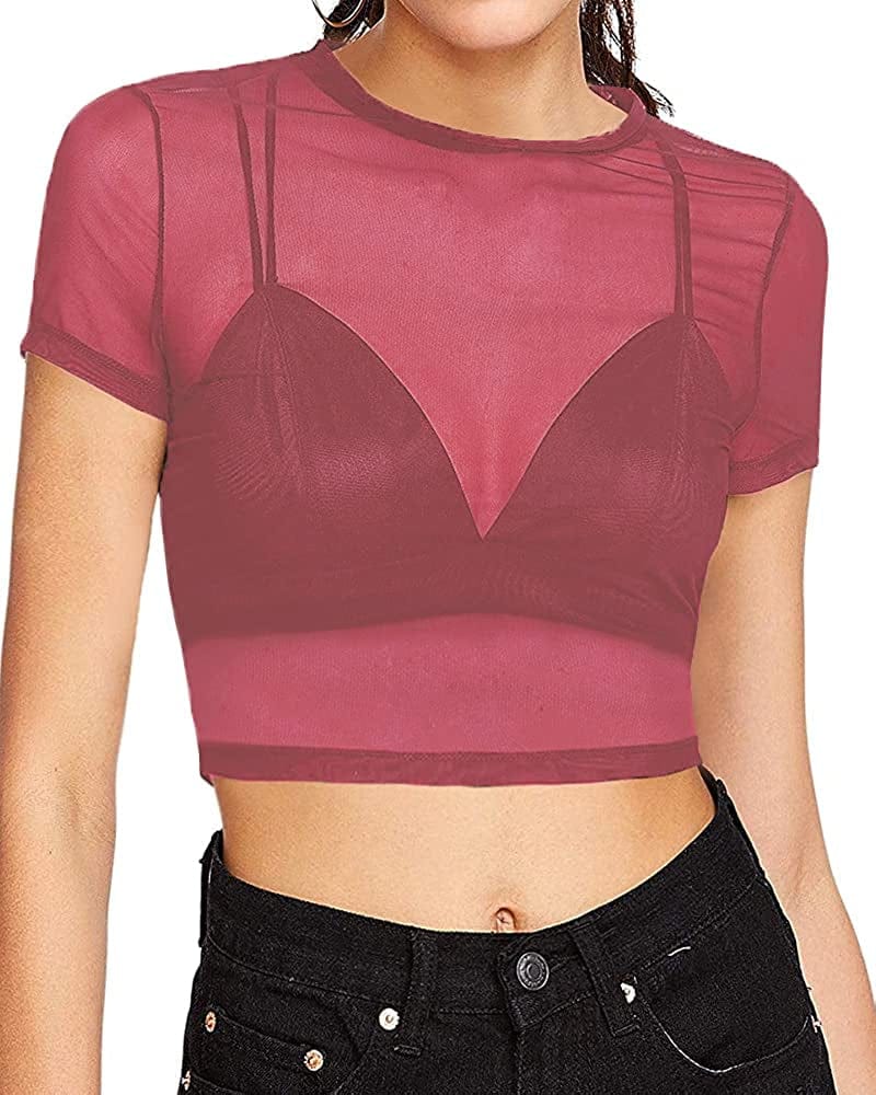 Women'S Short Sleeve Long Sleeve Sheer Mesh Crop Tops Tee Shirt Blouse 1068 (Rose Pink) / XX-Large