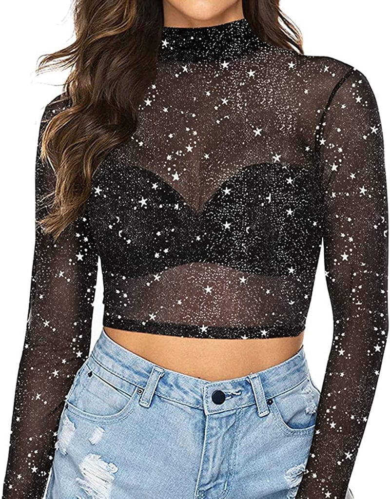 Women'S Short Sleeve Long Sleeve Sheer Mesh Crop Tops Tee Shirt Blouse 1058s (Silver Glitter) / Large