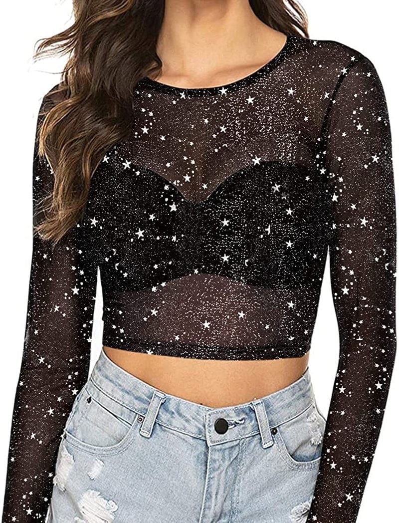 Women'S Short Sleeve Long Sleeve Sheer Mesh Crop Tops Tee Shirt Blouse 1112 (Silver Glitter) / Large