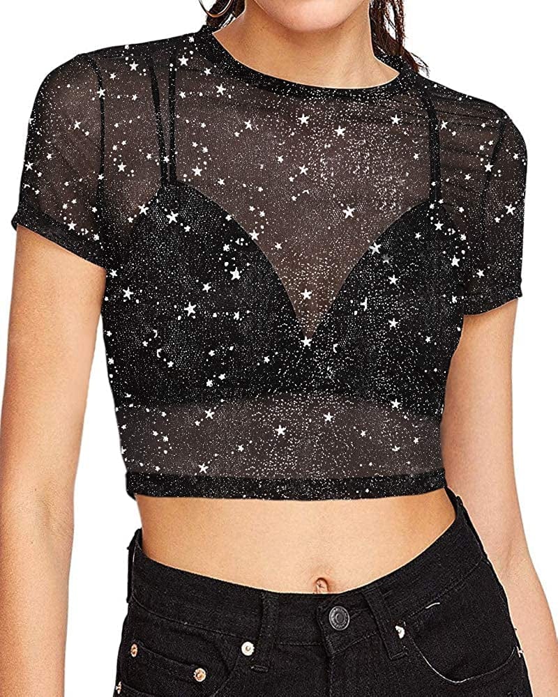 Women'S Short Sleeve Long Sleeve Sheer Mesh Crop Tops Tee Shirt Blouse 1068s (Silver Glitter) / Large