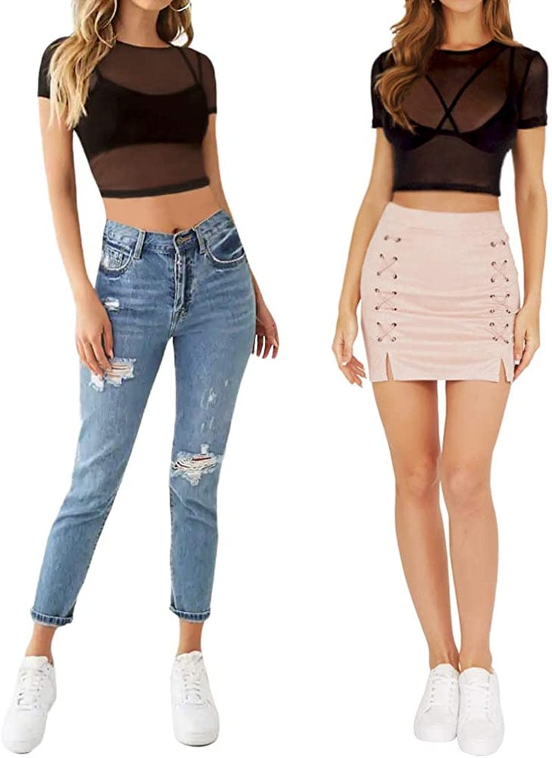 Women'S Short Sleeve Long Sleeve Sheer Mesh Crop Tops Tee Shirt Blouse