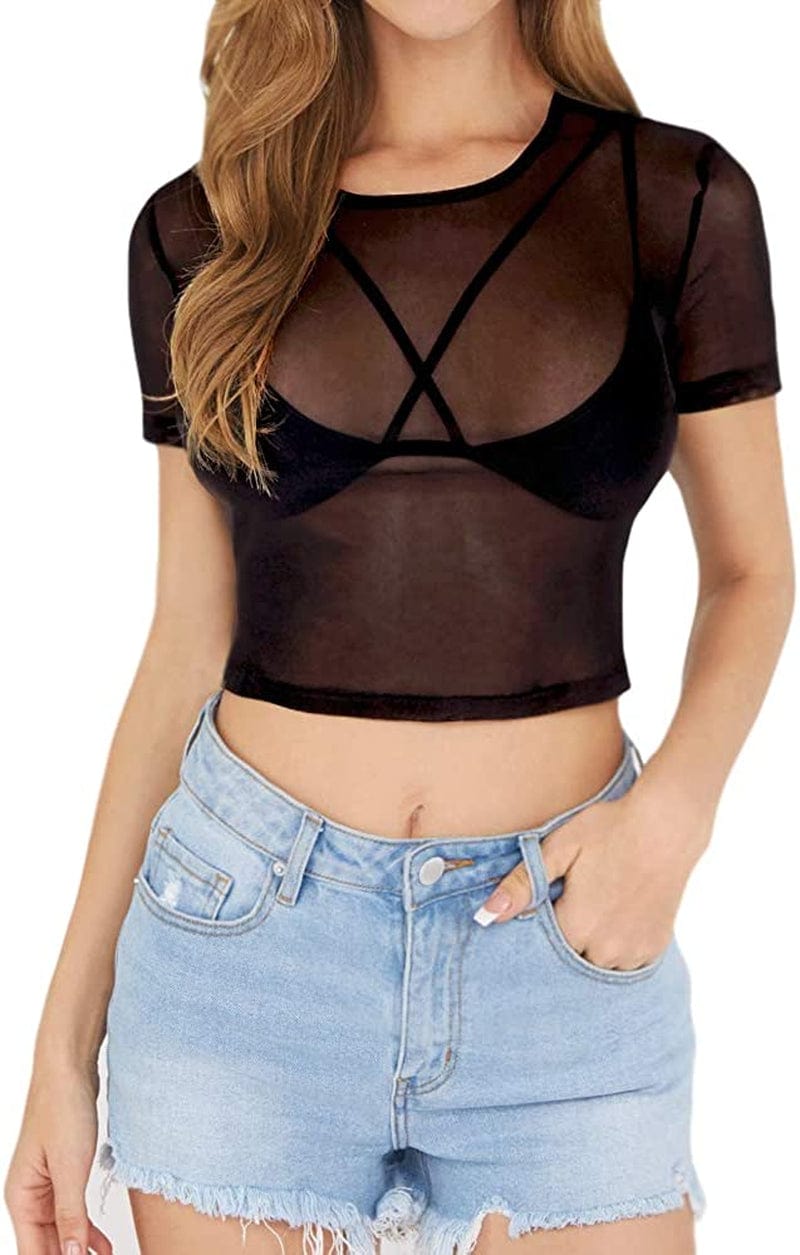 Women'S Short Sleeve Long Sleeve Sheer Mesh Crop Tops Tee Shirt Blouse