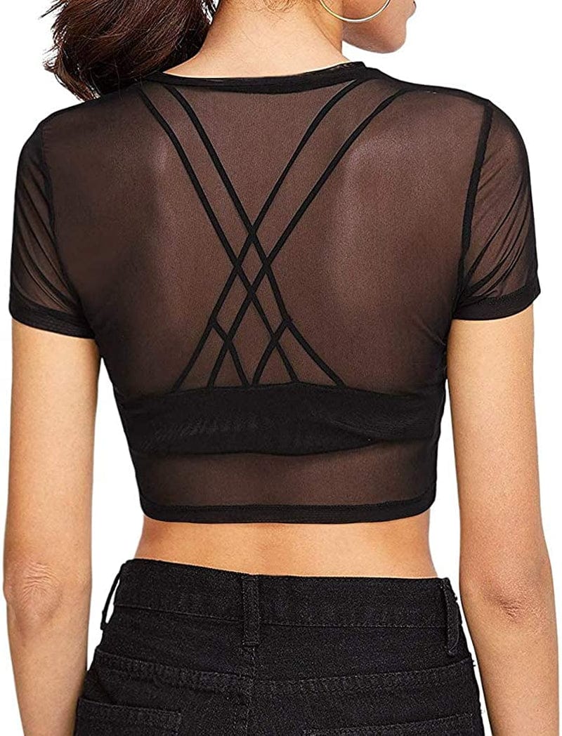 Women'S Short Sleeve Long Sleeve Sheer Mesh Crop Tops Tee Shirt Blouse