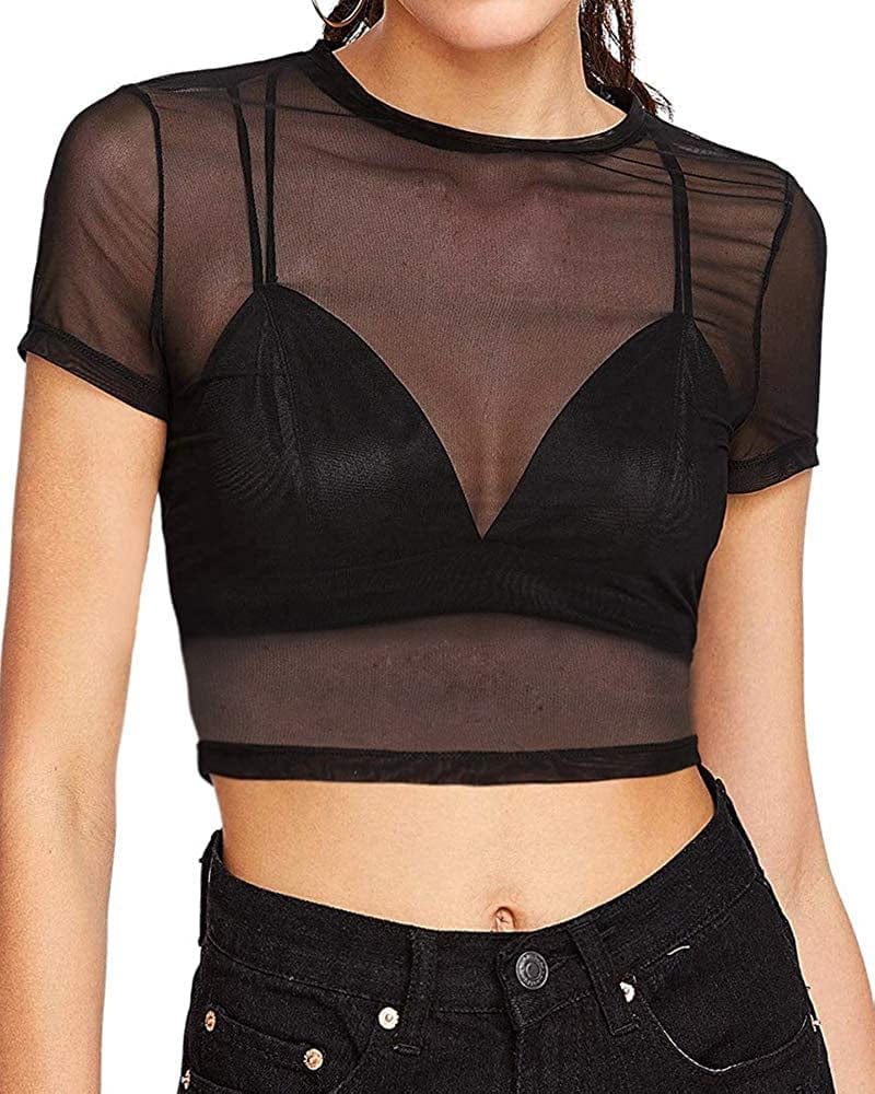 Women'S Short Sleeve Long Sleeve Sheer Mesh Crop Tops Tee Shirt Blouse 1068 (Black) / Large