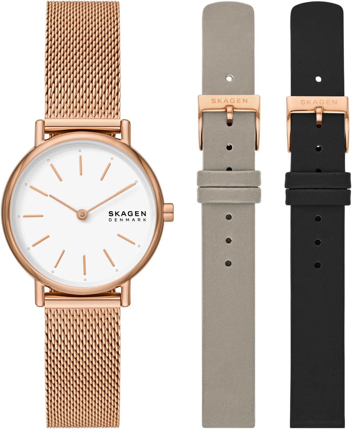 Women'S Signatur Quartz Analog Stainless Steel and Leather Watch, Color: Blue/Rose Gold (Model: SKW2838) Rose Strap Set